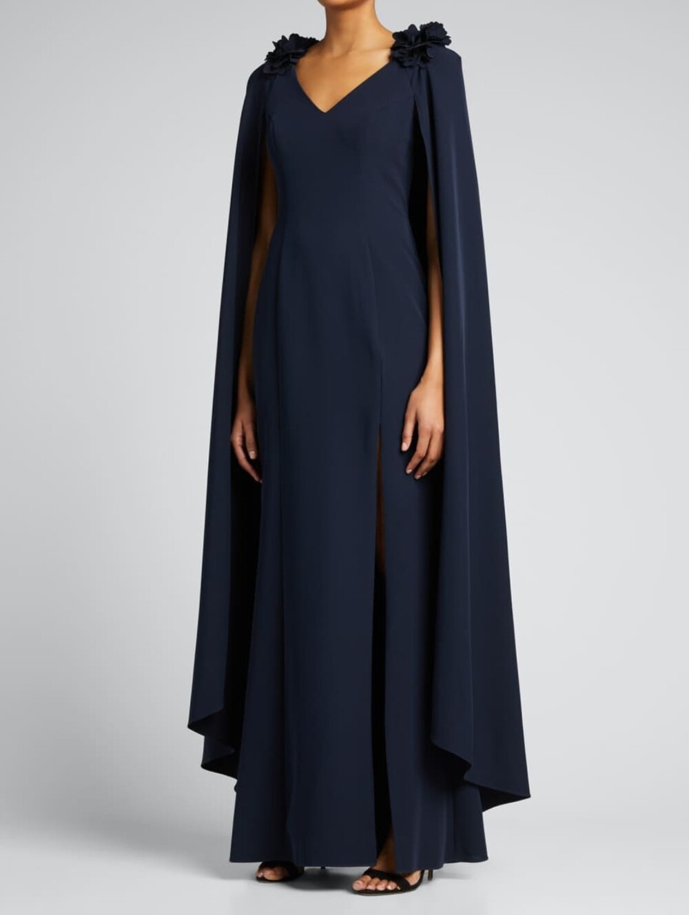 Marchesa Notte V-Neck Cape Effect 3D Floral Appliqued Cady Gown 4 NWT New